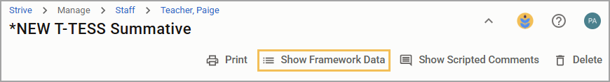 Overview of the T-TESS Summative with options to show framework data and scripted comments.